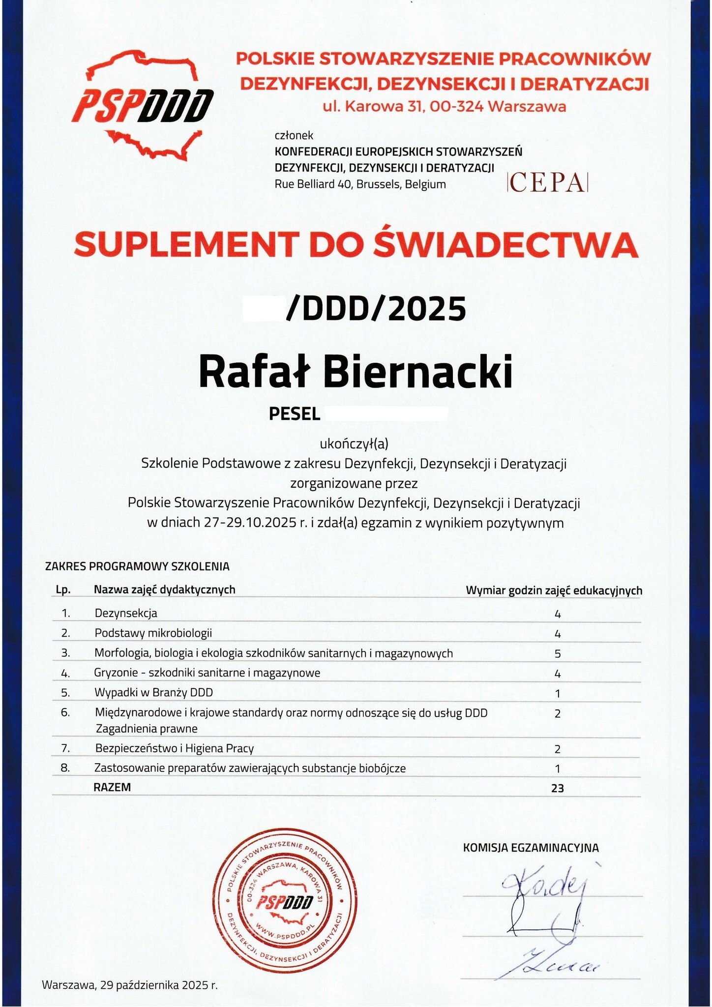 Certyfikat Pest ExTerminator Siedlce szkolenie DDD 2026