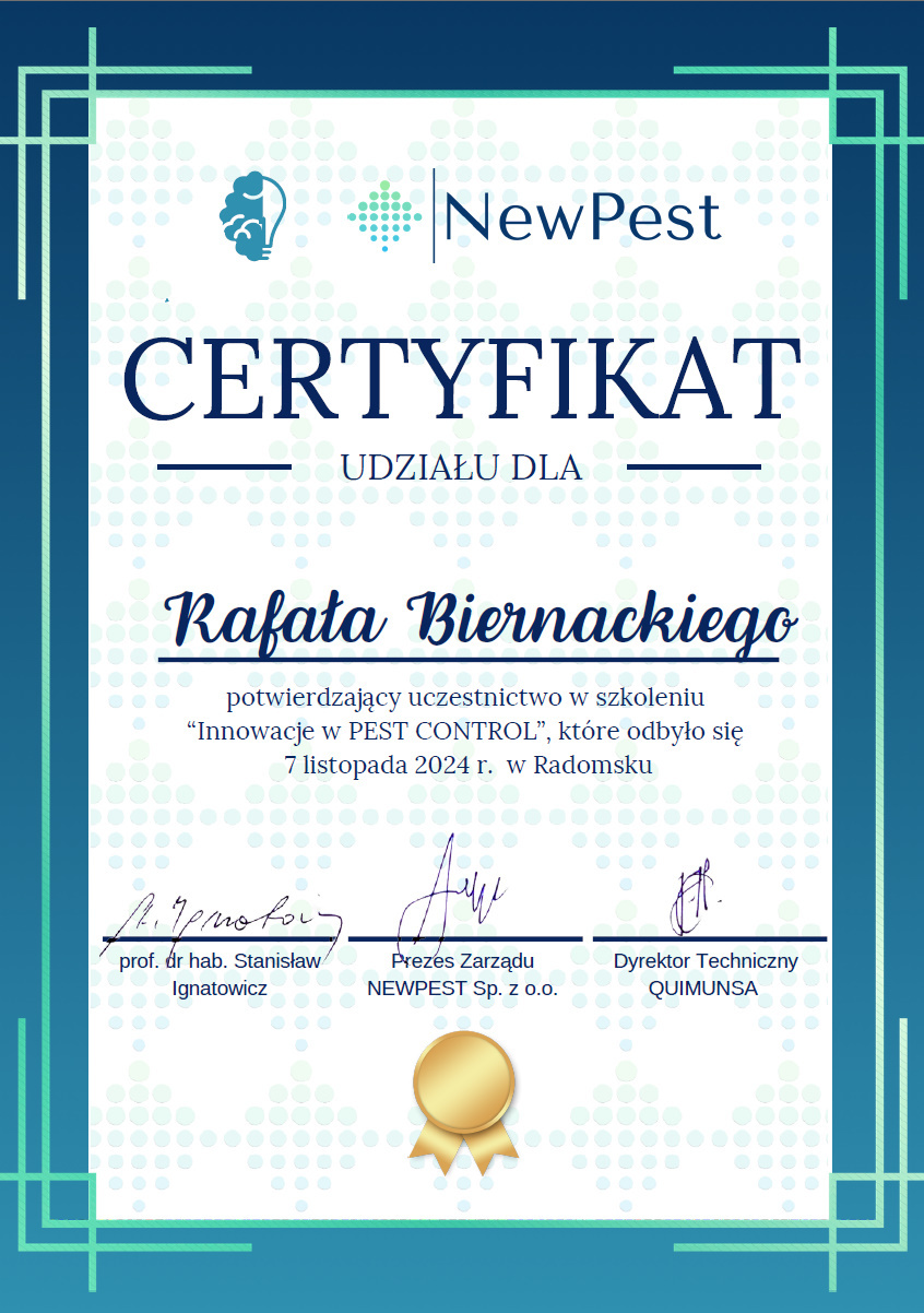 Certyfikat szkoleniowy Pest ExTerminator Siedlce
