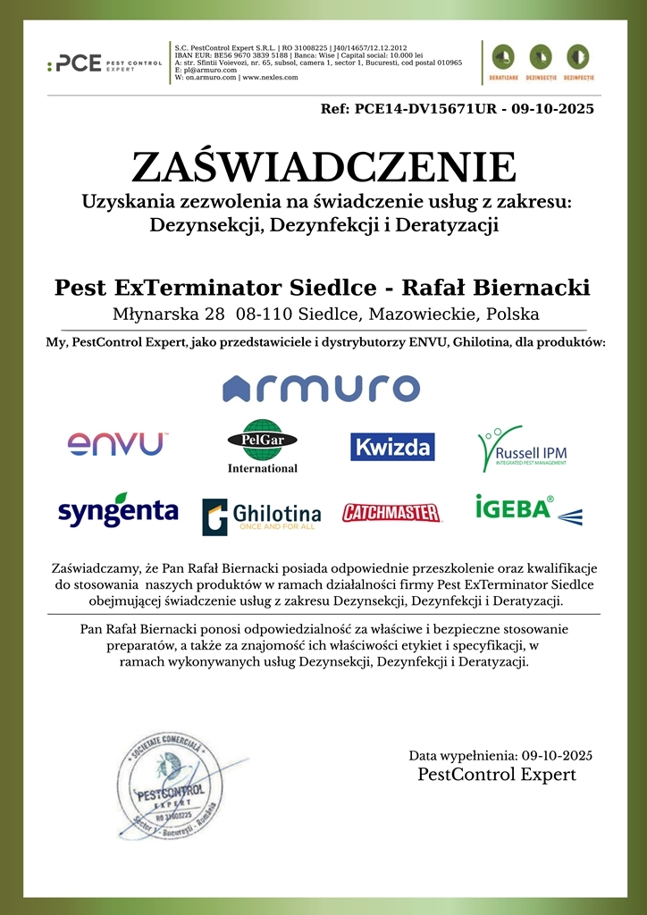 Zaświadczenie Armuro Rafał Biernacki Pest ExTerminator Siedlce